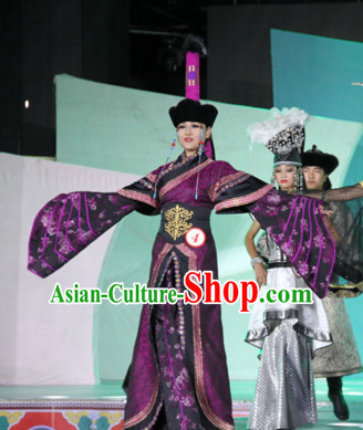Traditional Mongolian Clothing Ancient Ethnic Empress Princess Clothes and Hat Complete Set for Women