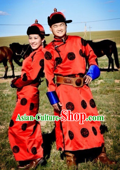 Traditional Mongolian Clothing Ancient Ethnic Wedding Dresses and Hat Complete Set for Women or Men