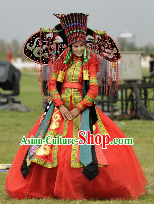 Traditional Mongolian Clothing Ancient Ethnic Queen Wedding Garment and Hat Complete Set for Women
