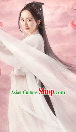 Ancient Chinese White Fairy Costumes and Hair Accessories Complete Set for Women Girls Kids Adults