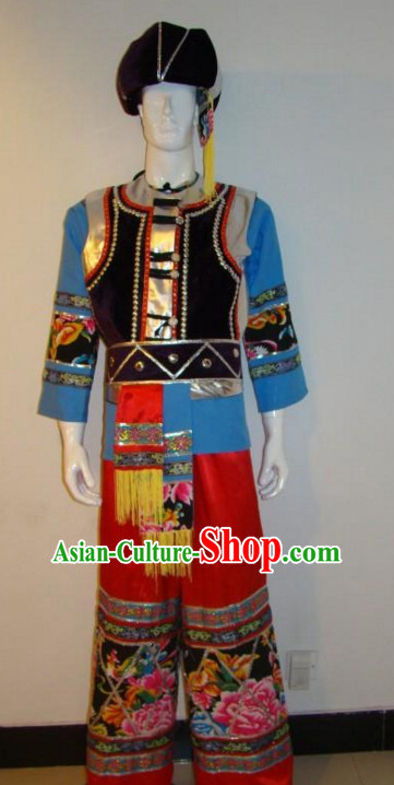 Chinese Traditional Ethnic Costumes Clothing and Hat Complete Set