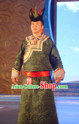 Chinese Traditional Ethnic Mongolian Dress Wear Clothing and Hat Complete Set