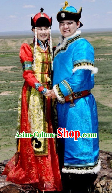 Chinese Traditional Ethnic Empress and Emperor National Costumes Wedding Dresses Wear Clothing and Hat 2 Complete Sets