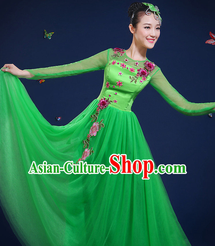 Chinese Fan Dance Costumes and Headpieces Complete Set for Women