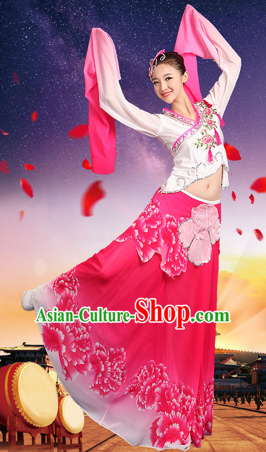 Chinese Water Sleeve Dance Costumes and Headpieces Complete Set for Kids