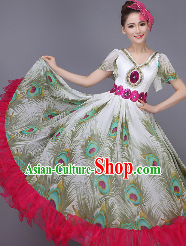 Chinese Peacock Dance Costume Dance Costumes Fan dance Umbrella Ribbon Fans Water Sleeve Dancer Dancing Costumes Complete Set