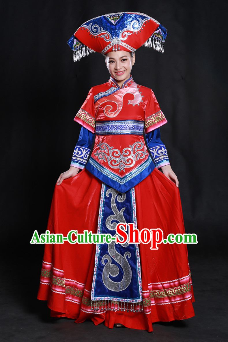 Happy Festival Chinese Minority Dress Zhuang Uniform Traditional Stage Ethnic National Costume Sale Complete Set