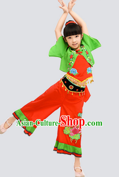 Traditional Chinese Fan Dancing Costume Chinese Dance Costumes Complete Set for Kids Girls