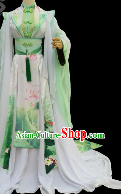 Green Lotus Chinese Traditional High Collar Empress Clothing Complete Set
