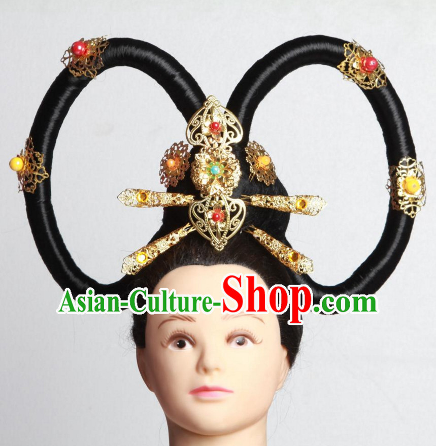 Handmade Chinese Fairy Stage Performance Black Wigs Hair Decorations Headpieces for Women