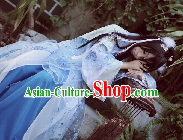 Top Blue Chinese Ancient Princess Hanfu Costumes Theater and Reenactment Costumes and Headgear Complete Set for Women