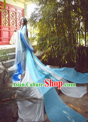 Top Blue Chinese Fairy Princess Hanfu Costumes Theater and Reenactment Costumes and Headgear Complete Set for Women