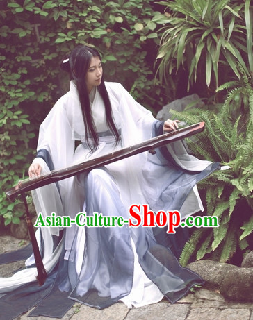 Top White Grey Chinese Fairy Princess Hanfu Costumes Theater and Reenactment Costumes and Headgear Complete Set for Women