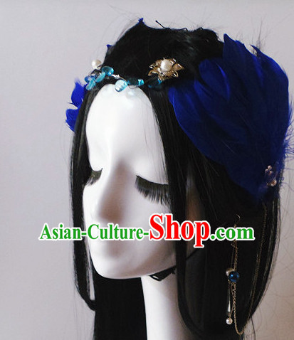 Blue Chinese Classical Feather Hair Headwear Crowns Hats Headpiece Hair Accessories Jewelry Set