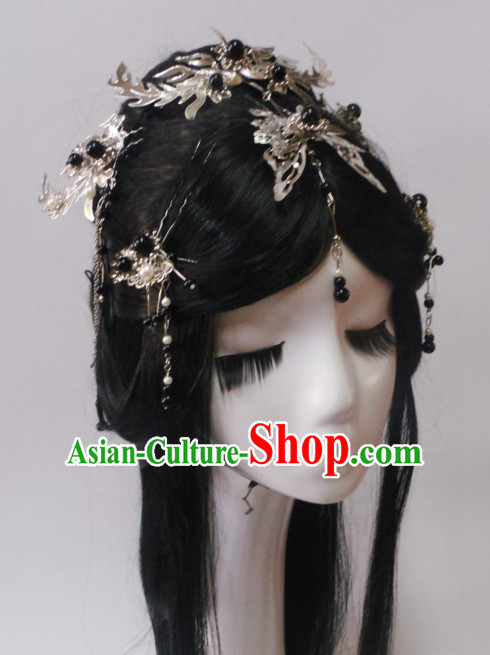 Silver Chinese Classical Fairy Long Wigs and Headwear Crowns Hats Headpiece Hair Accessories Jewelry Set