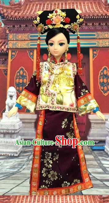 Traditional Qing Dynasty Chinese Women Empress Clothing Imperial Princess Dresses National Costume and Hair Ornaments Complete Set