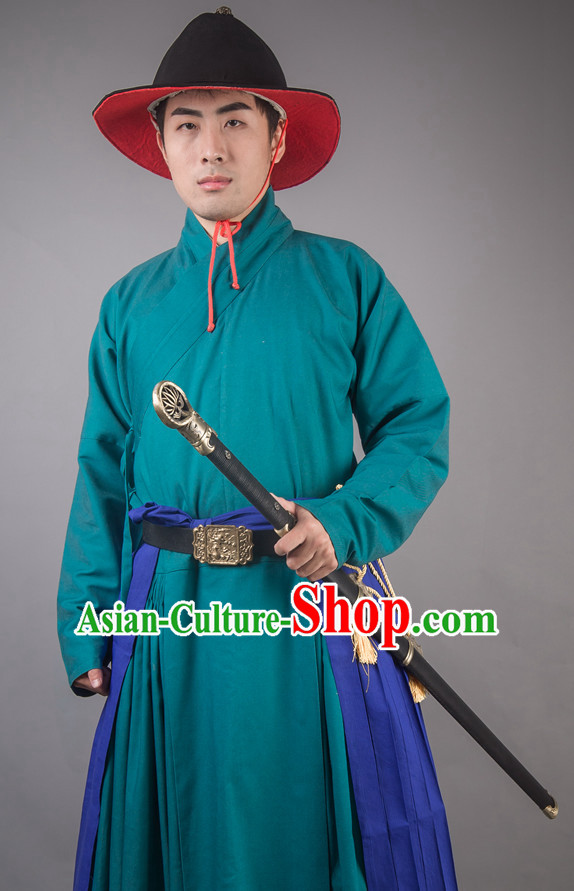 Chinese Ming Dynasty Solider Han Fu Costumes Men Clothing Male Costume and Hat Complete Set