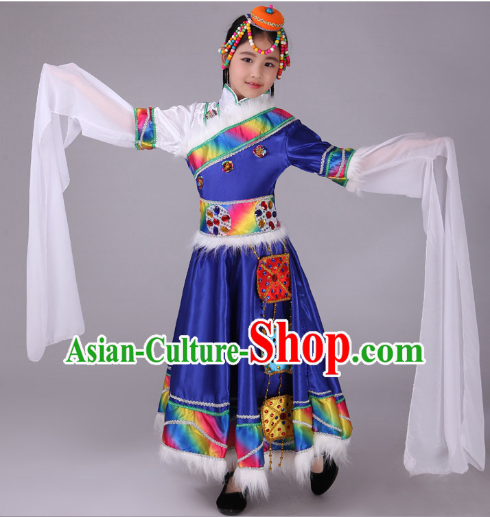 Chinese Tibetan Kids Minority Dance Dress China Fan Dance Costume Ribbon Dance Costumes Folk Dance Suit