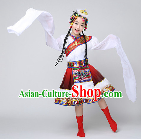 Chinese Tibetan Kids Minority Dance Dress China Fan Dance Costume Ribbon Dance Costumes Folk Dance Suit