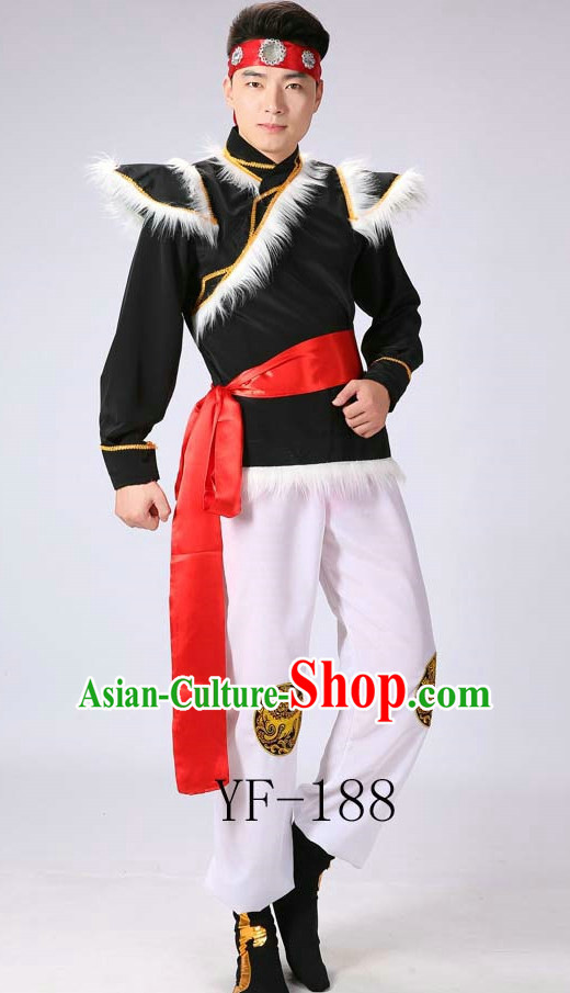 Chinese Mongolian Minority Men Dance Dress China Fan Dance Costume Ribbon Dance Costumes Folk Dance Suit
