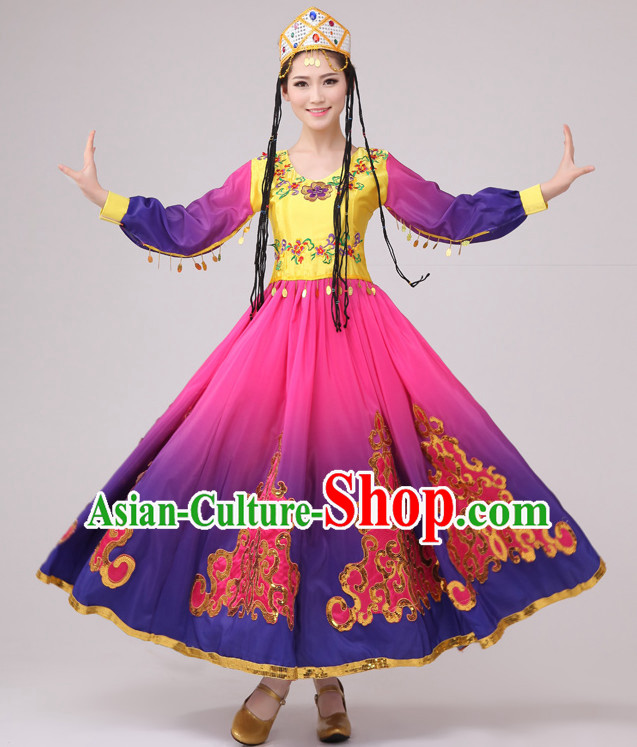 Chinese Folk Xinjiang Dance Costume and Hat Complete Set for Women