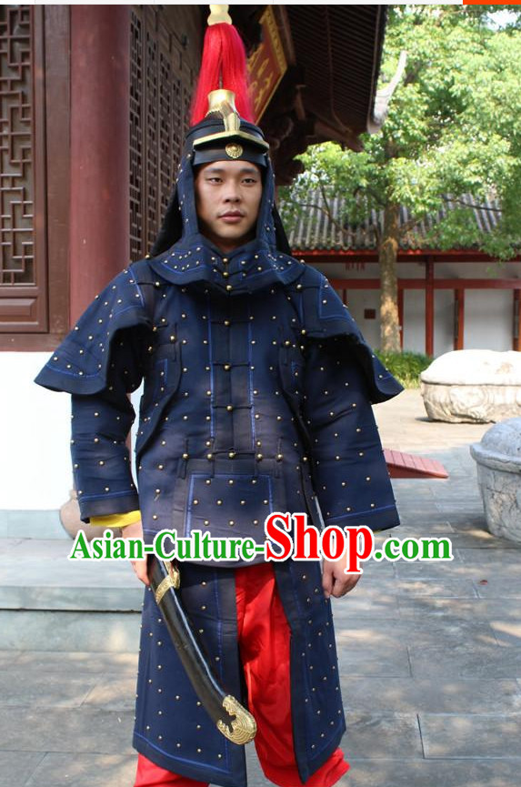 Deep Blue Chinese Qing Dynasty General White Armor Hanfu Dress Gown Costumes Ancient Costume Clothing Complete Set