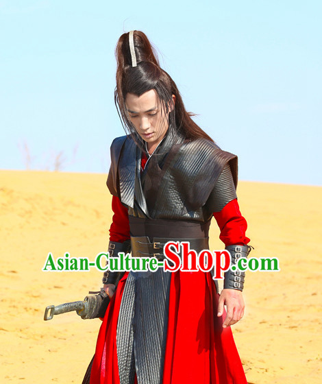 Red Black Chinese Men Knight Costume Stage Drama Costumes Han Fu Costume Complete Set