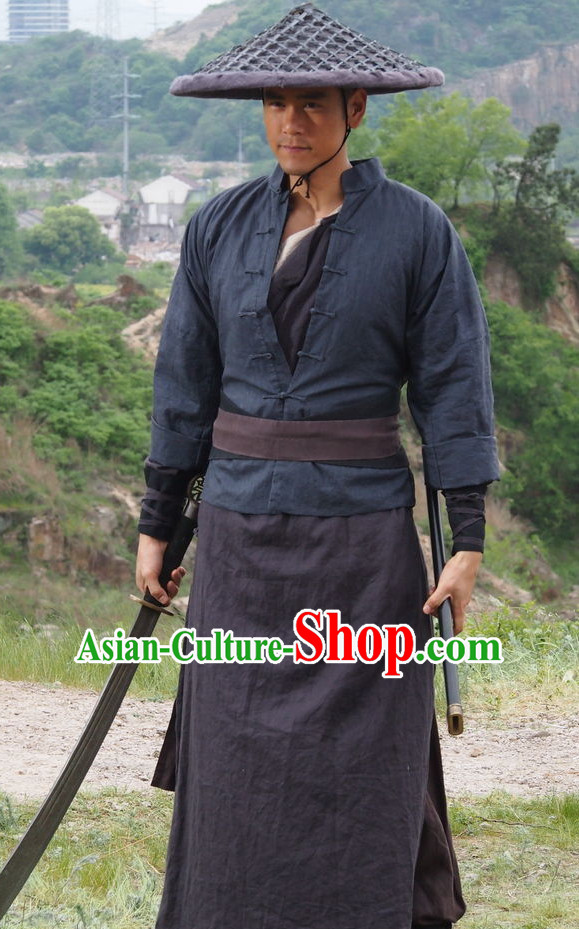 Chinese Ancient Swords Men Kung Fu Costumes and Bamboo Hat Straw Hat Complete Set