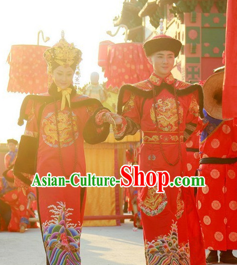 Chinese Qing Dynasty Emperor and Empress Imperial Dresses and Hats Two Complete Sets for Men and Women