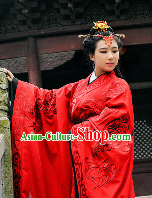 Ancient Chinese Princess Han Dynasty Wedding Dresses Traditional Royal Stage Hanfu Classical Dress National Costumes Clothing and Hair Jewelry Complete Set