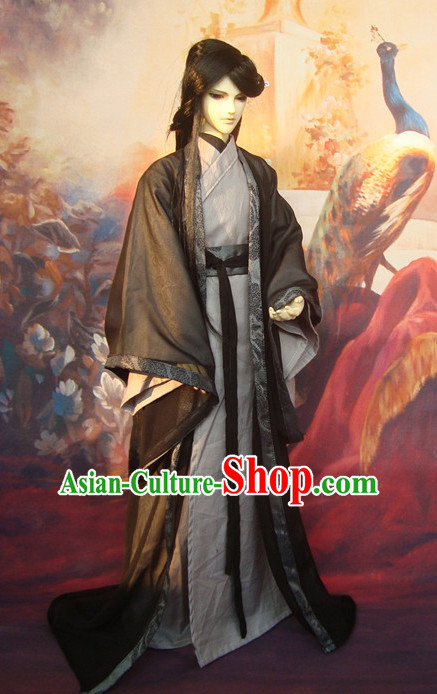 Ancient Chinese Scholar Grey Costumes Clothing Traditional Costumes Green Hanfu Complete Set