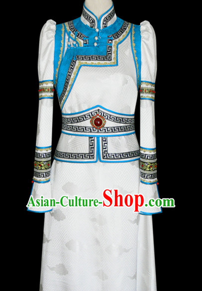 White Mongolian Minority Empress Mongol Mongolia Princess Clothing Ethnic Traditional Costumes Complete Set