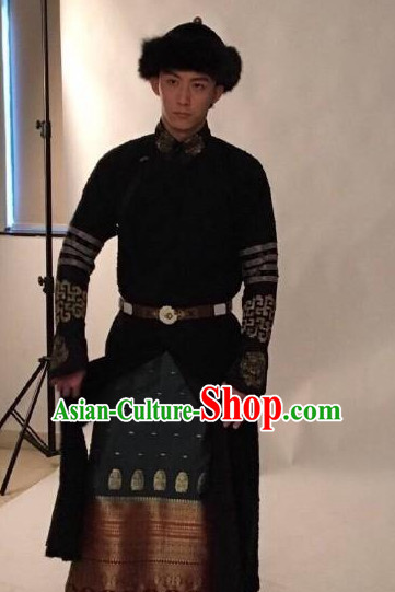 Qing Dynasty Manchu Chinese Aristocrat Clothing and Coronet Headwear Complete Set for Men