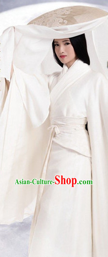 Pure White Ancient Chinese Aristocrat Clothing and Bamboo Hat Complete Set for Women Girls