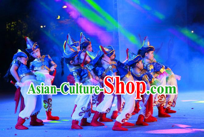 Traditional Chinese Yangge, Children Fan Dancing Wholesale Costume, Folk Dance Yangko Costume, Traditional Chinese Mongolian Minority Nationality Dancewear for Kids