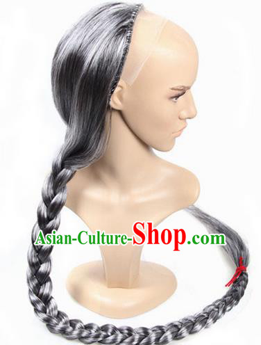 Chinese Ancient Swordsman Long Wig Set, Old Men Wig Set, Traditional Chinese Qing Dynasty Wig Hoods for Men
