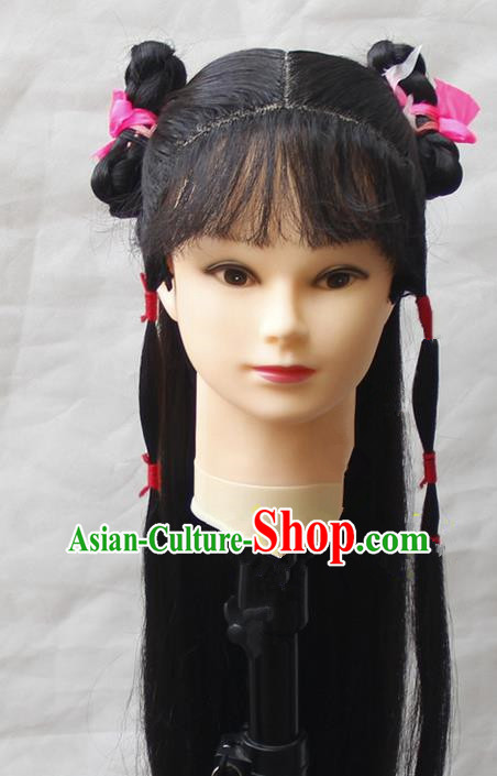 Chinese Ancient Young Women Long Wig Set, Traditional Chinese Han Dynasty Hats Wig Hoods for Women
