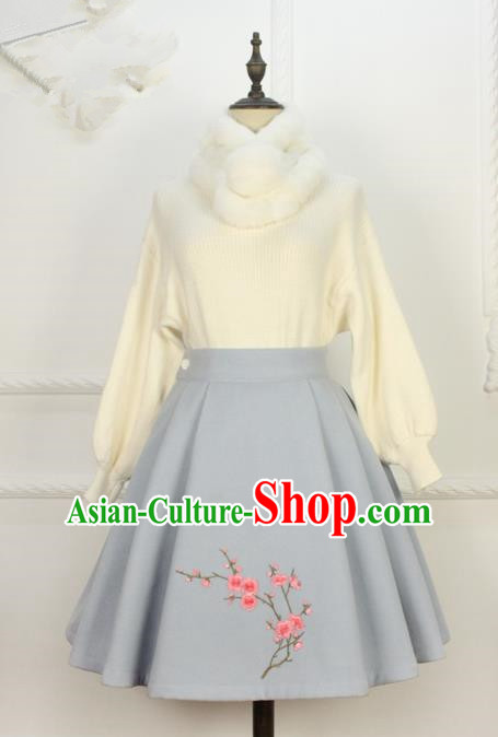 Traditional Classic Women Clothing, Traditional Chinese Classic Woolen Dress Embroidered Pleated Skirt, Chinese Han Dynasty Restoring Ancient Wool Short Skirt for Women