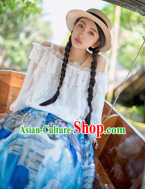 Traditional Classic Elegant Women Costume Lace White Collar Dew Shoulder Blouse, Restoring Ancient Princess Boat Neck Shirt for Women
