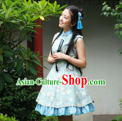 Traditional Classic Chinese Elegant Women Costume One-Piece Signature Cotton Dress, Restoring Ancient Princess Stand Collar Dress for Women