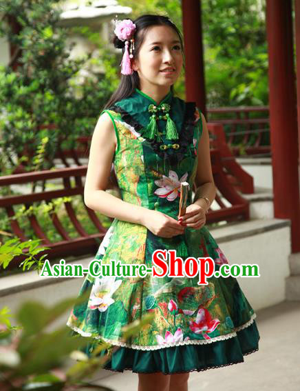 Traditional Classic Chinese Elegant Women Costume One-Piece Lotus Painting Dress, Restoring Ancient Princess Stand Collar Dress for Women