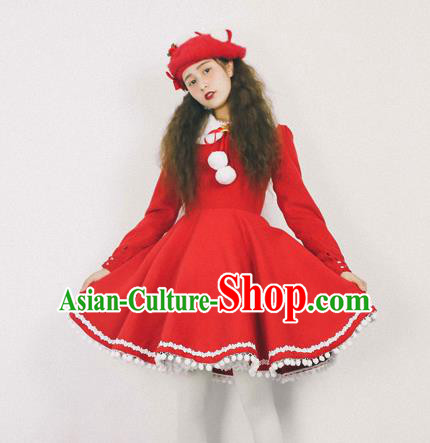 Traditional Classic Elegant Women Costume Woolen One-Piece Dress, Restoring Ancient Princess Red Skirt for Women