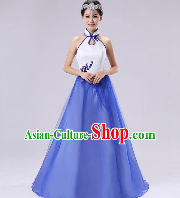 Traditional Chinese Classical Blue and White Porcelain Modern Dance Cheongsam Dress, Yangge Fan Dancing Costume Chorus Suits, Folk Dance Yangko Costume for Women