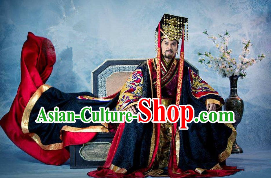 Traditional Chinese Ancient Dragon Emperor Men King Costumes, Chinese Emperor Clothes and Hat Complete Set for Men