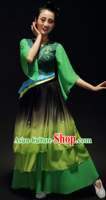 Traditional Chinese Classical Yangko Jasmine Flower Dance Gradient Dress, Yangge Fan Dancing Costume Umbrella Dance Suits, Folk Dance Yangko Costume for Women