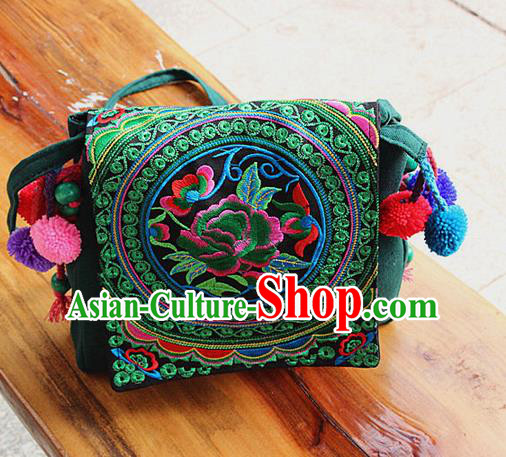 Traditional Chinese Miao Nationality Palace Handmade Single-Sided Embroidery Peony Handbag Hmong Handmade Embroidery Canvas Messenger Bags for Women