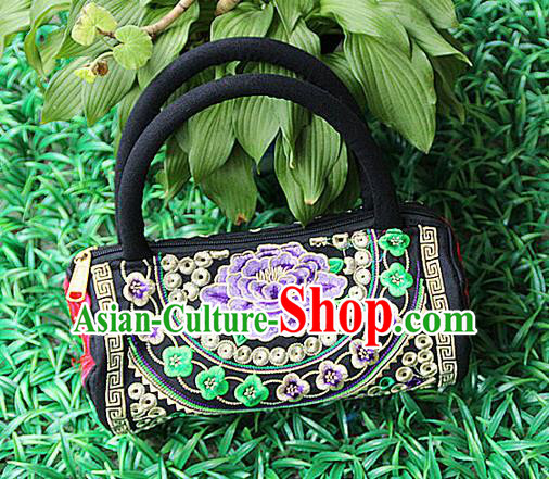 Traditional Chinese Miao Nationality Palace Handmade Four-Sided Embroidery Peony Handbag Hmong Handmade Embroidery Canvas Bags for Women