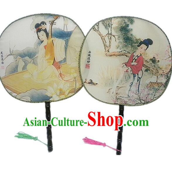 Ancient Chinese Tuan Shan Circular Fan Moon Shaped Fan Stage Property Dance Chinese Painting Ancient Beauty