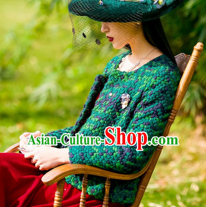 Traditional Classic Women Clothing, Traditional Classic Pure Green Woolen Tweed Jacket Wool Coats