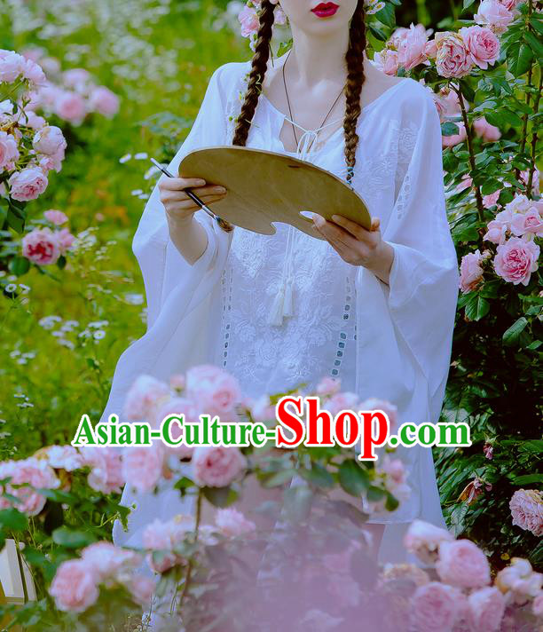 Traditional Classic Women Clothing, Traditional Classic White Silk Cotton Embroidered Cape Sharply Even Garment Skirt